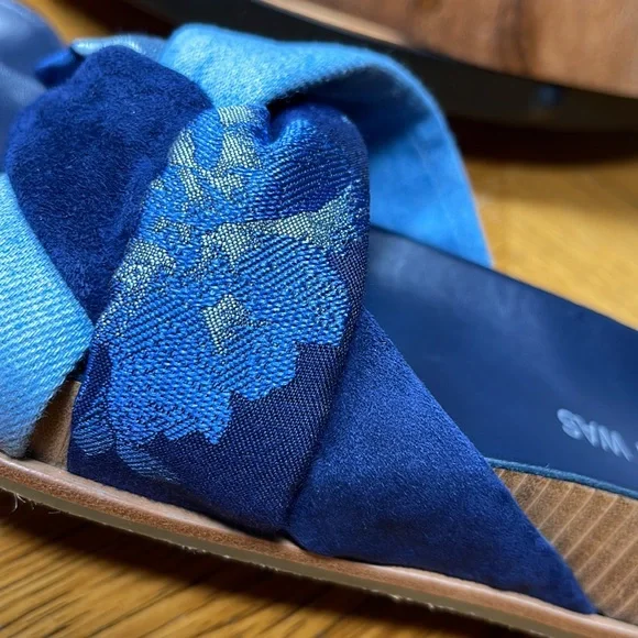 JOHNNY WAS Denim Suede Floral Tapestry Twist Slides - Picture 9 of 16